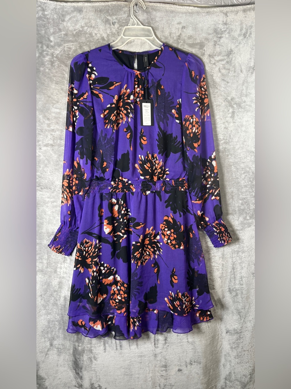 Purple Floral Long-Sleeve Smocked-Waist Dress
